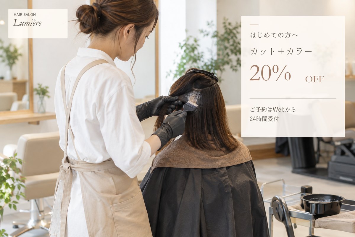 仕上げの例:美容室の写真に、ロゴと「はじめての方へ カット+カラー 20%OFF」の文章を入れた画像